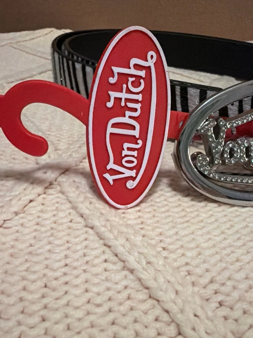 Von Dutch Black & White Zebra Belt with Red Flame Accents